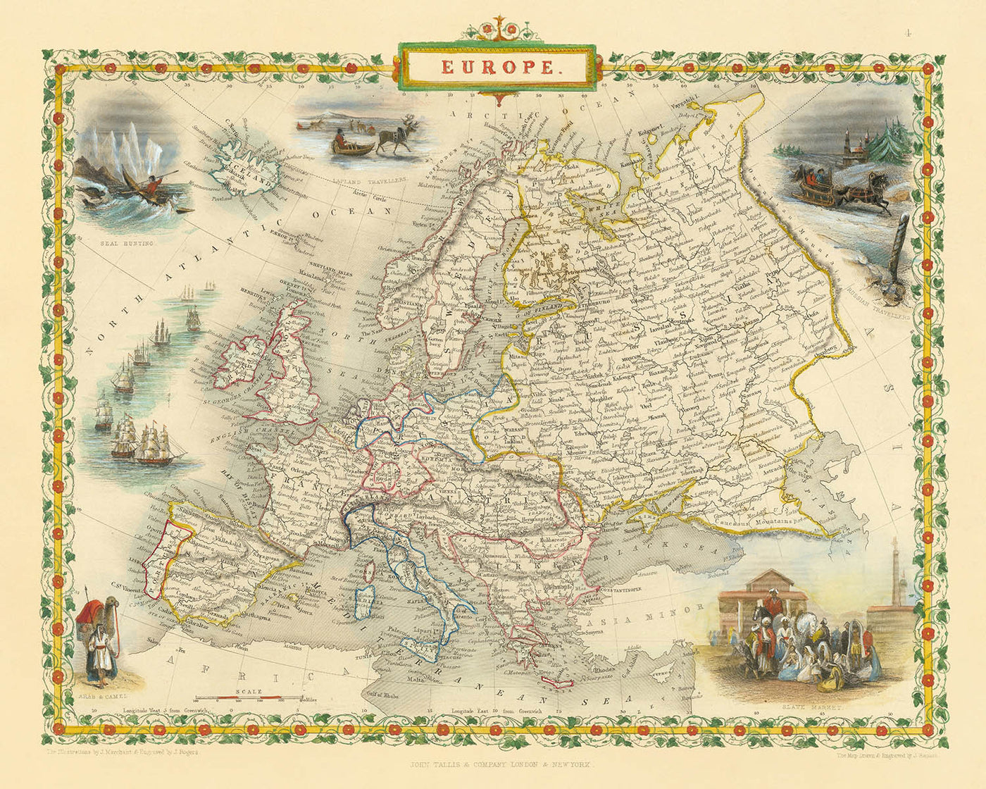 Old Map of Europe by John Tallis, 1851: Seal Hunting, Camels, Slave Market, etc.