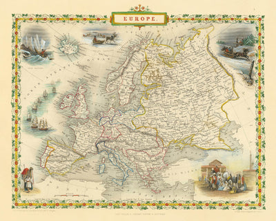 Old Map of Europe by John Tallis, 1851: Seal Hunting, Camels, Slave Market, etc.