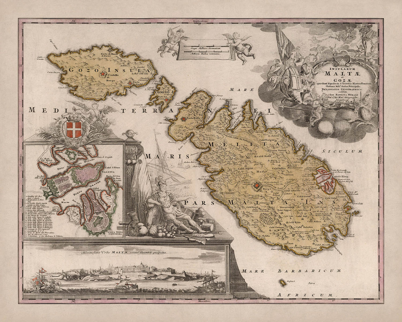 Ancienne carte de Malte par Homann, 1788 : La Valette, Mdina, fortifications, bateaux 