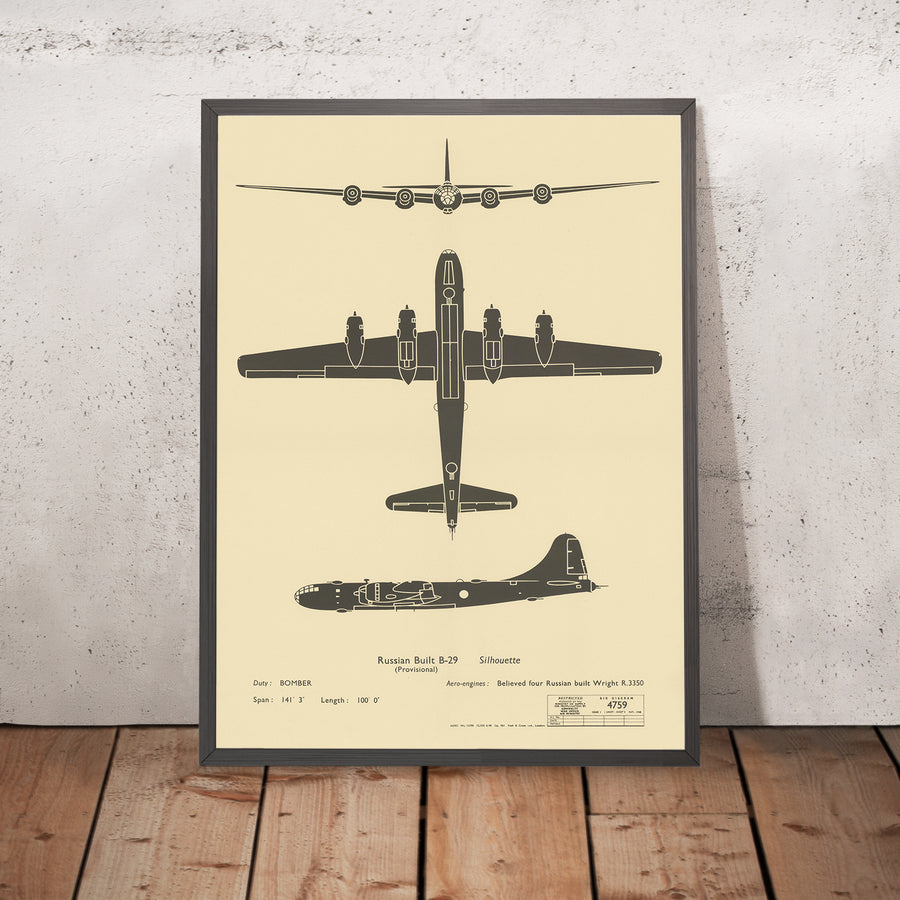 A framed image of Cold War Soviet Aircraft Identification Russian Built B-29 Tupolev Tu-4 by Ministry of Supply, 1948