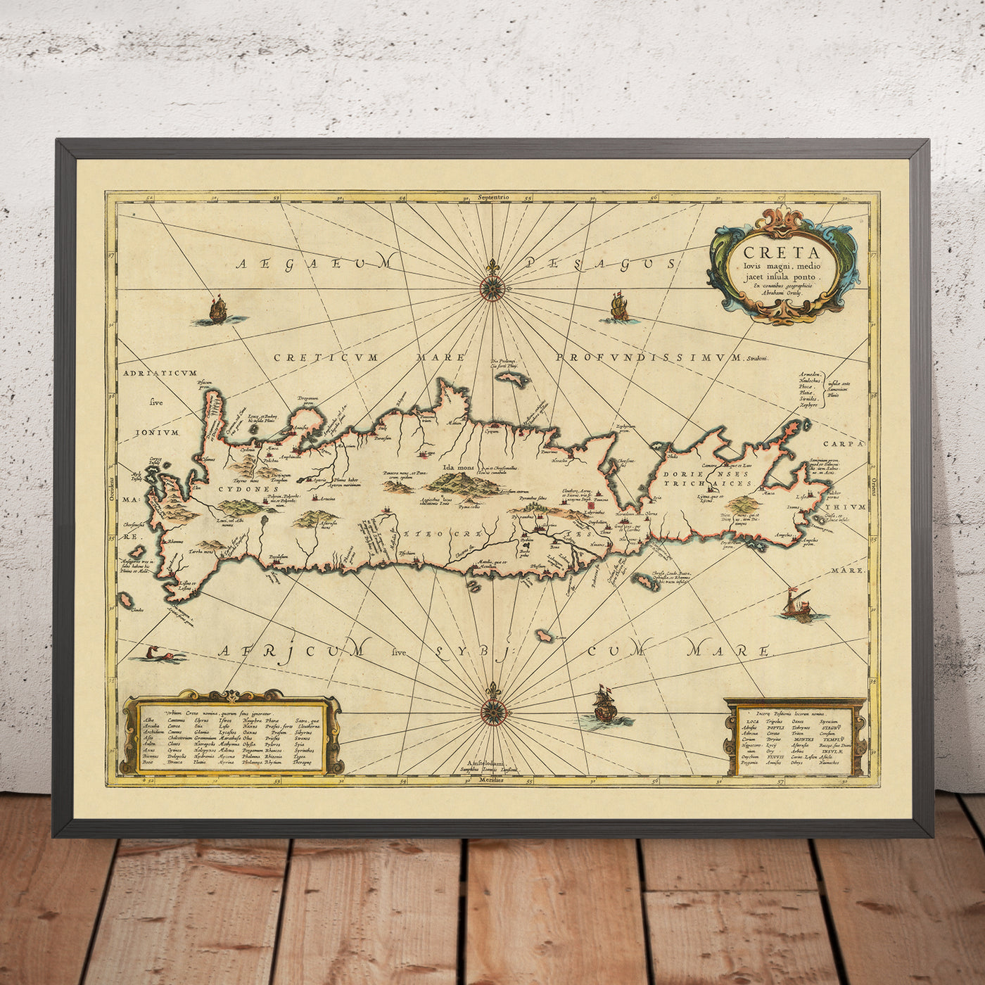Old Map of Crete by Jansson, 1650: Cydonia, Knossos, Sea Monster, Maritime Vessels,