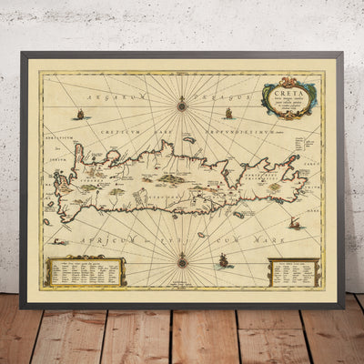 Old Map of Crete by Jansson, 1650: Cydonia, Knossos, Sea Monster, Maritime Vessels,