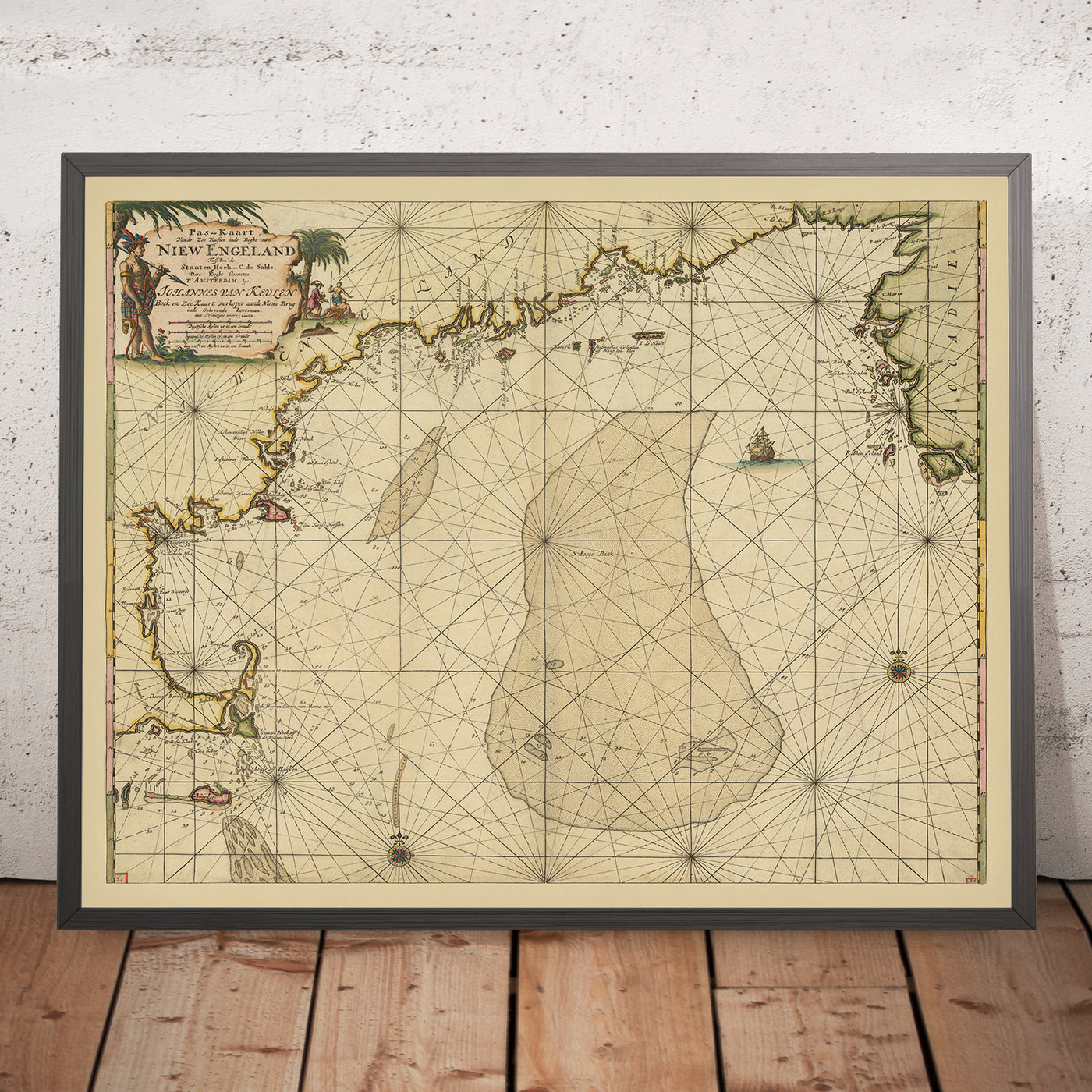 Old New England Nautical Chart by van Keulen, 1695: Cape Cod, Nantucket, Acadia (Nova Scotia)