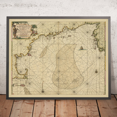 Old New England Nautical Chart by van Keulen, 1695: Cape Cod, Nantucket, Acadia (Nova Scotia)