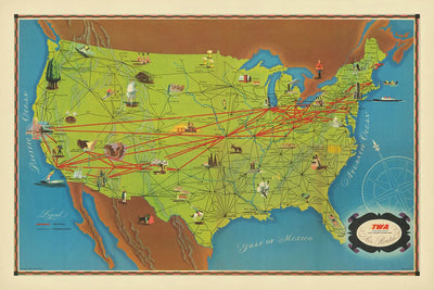Ancienne carte de la compagnie aérienne TWA des États-Unis, 1948 : NYC, LA, Chicago, itinéraires TWA 