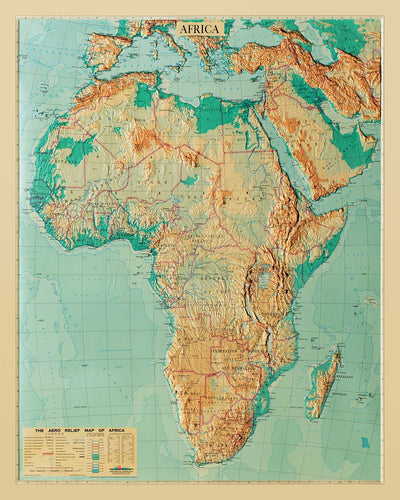 Ancienne carte topographique en relief 3D de l'Afrique par Aero Service Corporation, 1961 