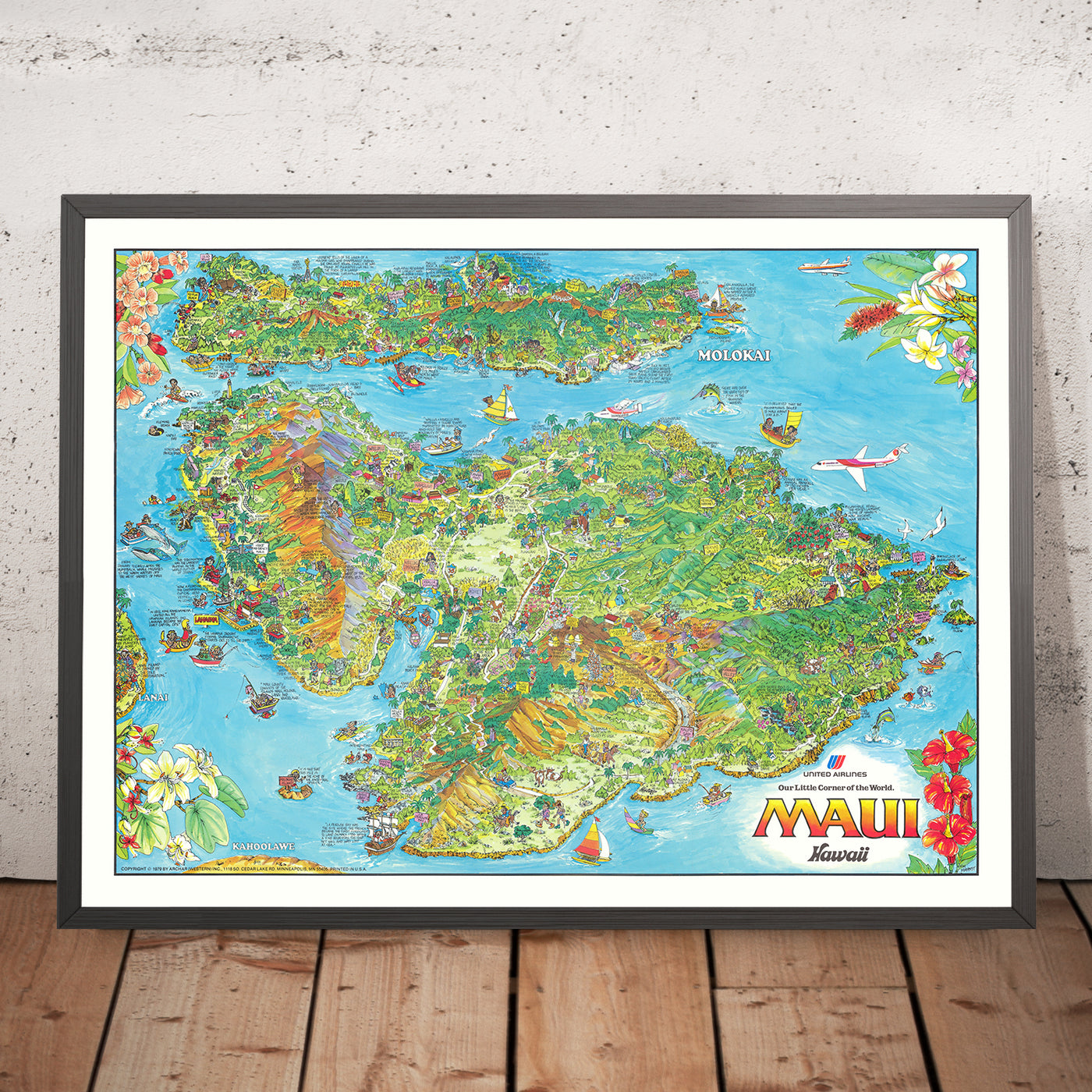 Ancienne carte picturale d'Hawaï par Forrest, 1979 : Kahului, Haleakalā, Lahaina, vallée d'Iao, Molokini 