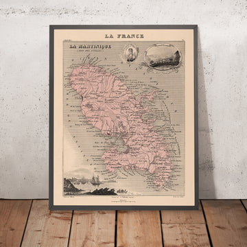 Old Map of Martinique, Lesser Antilles by Vuillemin, 1869: Fort-de-France, Saint-Pierre, Sugar Cane