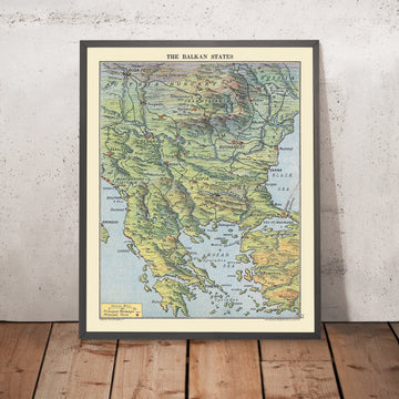 Antica mappa militare degli Stati balcanici, 1916: fronte di Salonicco della Prima Guerra Mondiale, Danubio, Macedonia e Tracia, Belgrado, Costantinopoli 