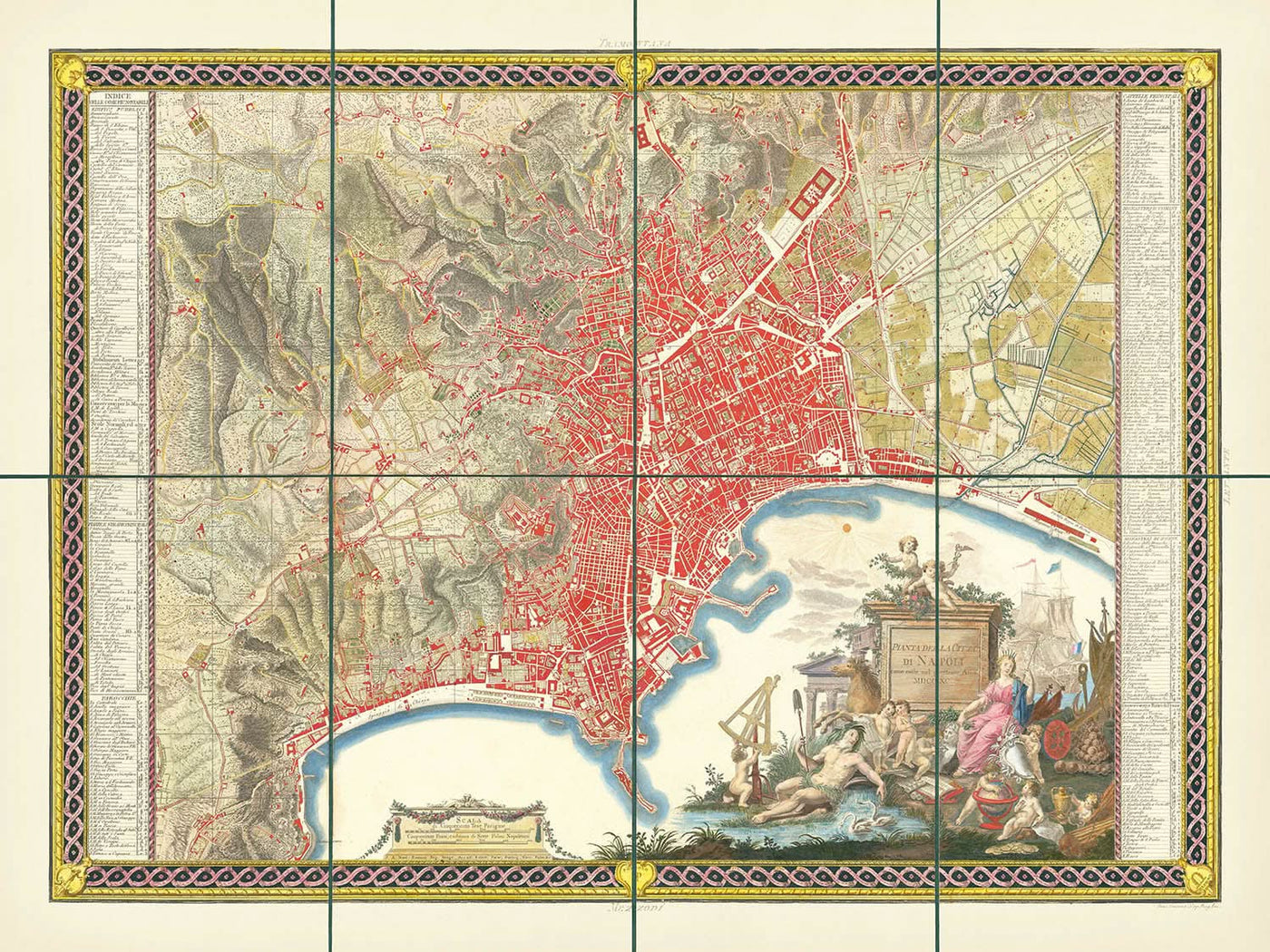 Large Old Map of Naples by Rizzi-Zannoni, 1794: Borgo Santa Lucia, Chiaia, Toledo, Porta Capuana, San Carlo
