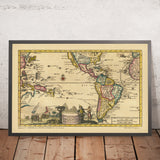 Ancienne carte du voyage de Magellan par Van der Aa, 1706 : premier tour du monde ; détroit de Magellan ; de l’Espagne aux Moluques 