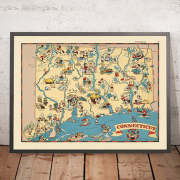 Carte picturale du Connecticut par Ruth Taylor White, 1935 : Bridgeport, New Haven, Yale, le Long Island Sound, le fleuve Connecticut 