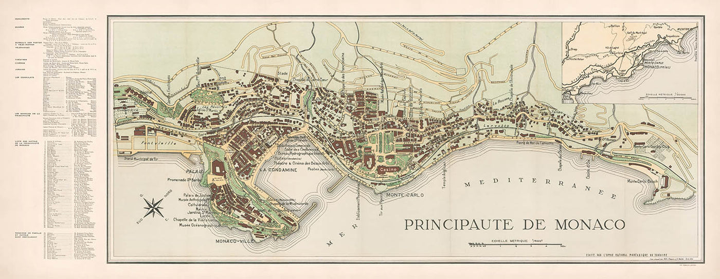 Große alte Karte von Monaco von Fissore, 1943: Monte-Carlo, Casino, La Condamine, Musée Océanographique, Jardins St. Martin 