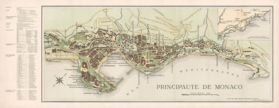 Große alte Karte von Monaco von Fissore, 1943: Monte-Carlo, Casino, La Condamine, Musée Océanographique, Jardins St. Martin 