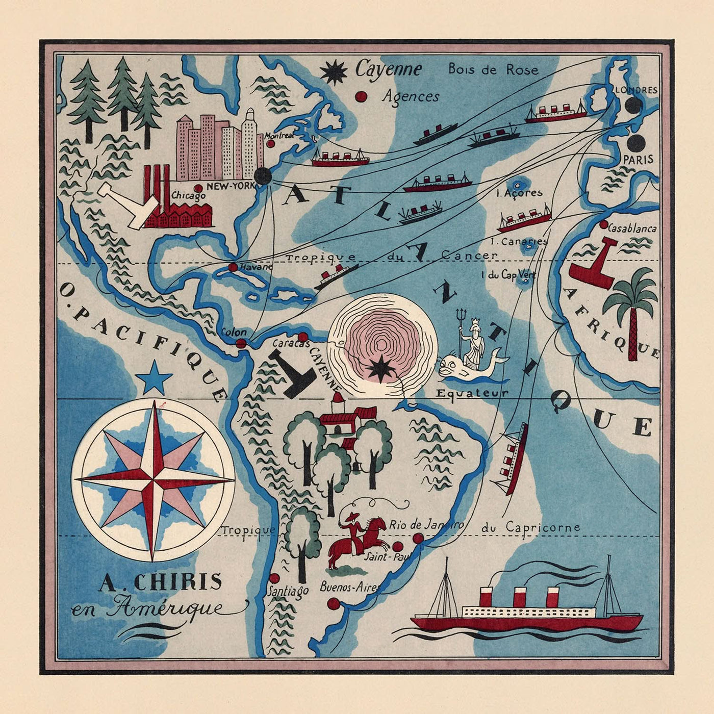 Old Map of the Americas by Mazuyer, 1931: Vivid Illustrations, Cultural Artifact, Pictorial Style