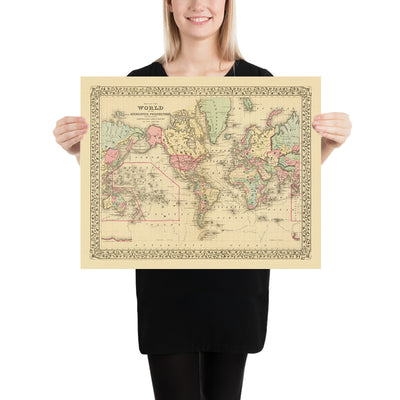 Alte Mercator-Weltkarte zentriert auf Amerika von Mitchell, 1882 
