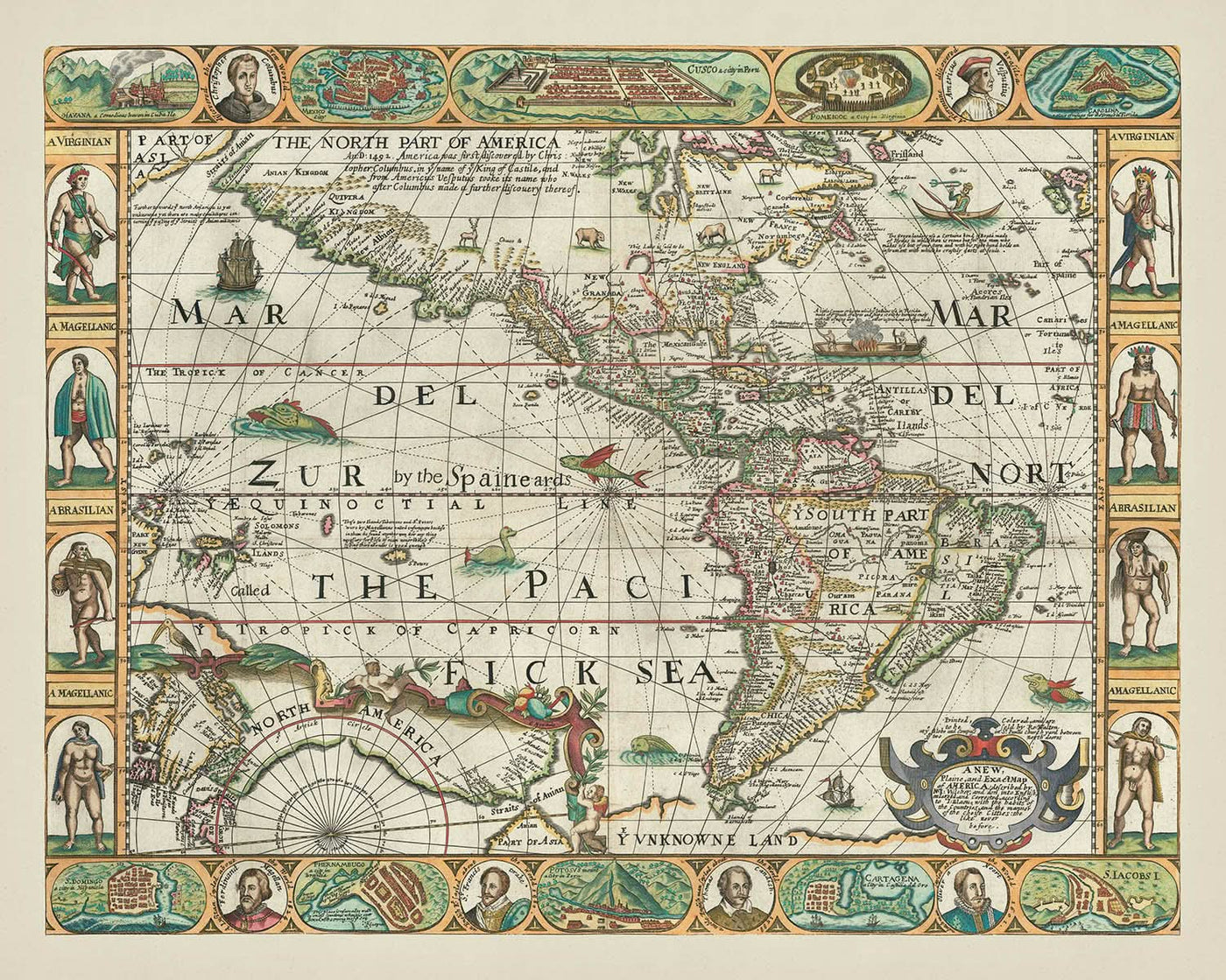 Old Map of America by Walton, 1658: California as Island, Mythical Strait, Carte-à-Figures Style