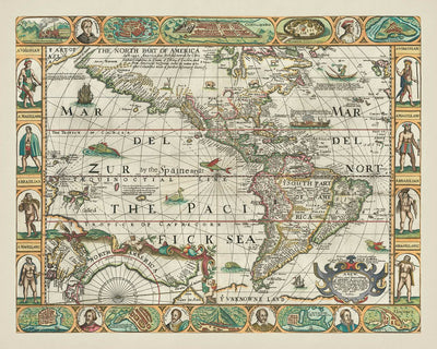Old Map of America by Walton, 1658: California as Island, Mythical Strait, Carte-à-Figures Style