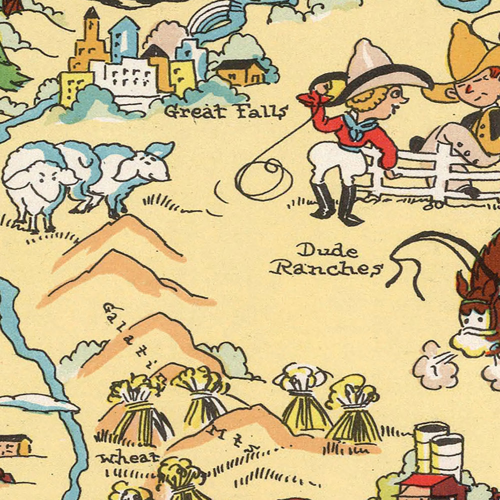 Pictorial Map of Montana by Ruth Taylor White, 1935: Billings, Missoula, Yellowstone & Glacier National Parks, Rocky Mountains, Missouri River