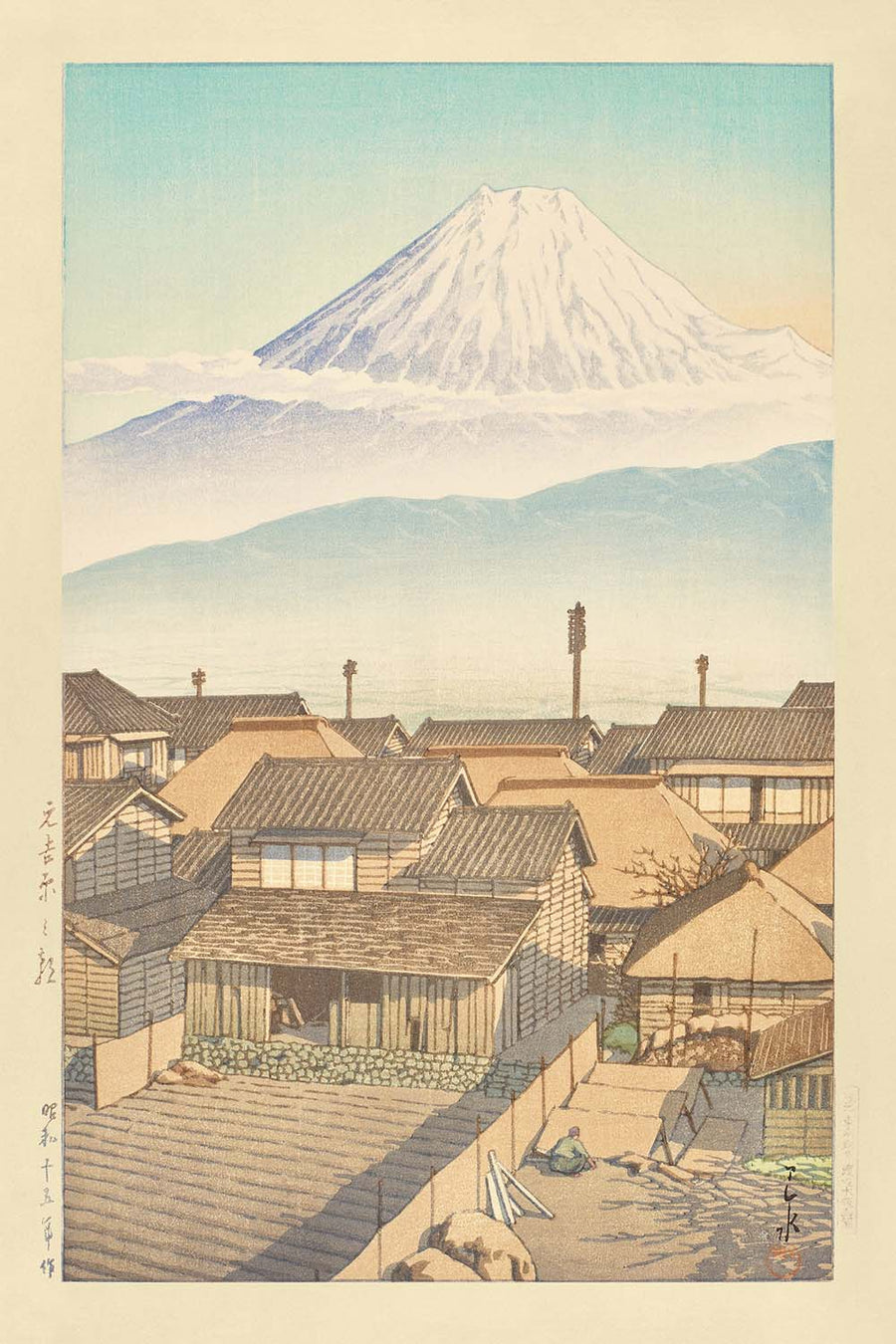 Mattina a Motoyoshiwara con il Monte Fuji di Hasui Kawase 1935 