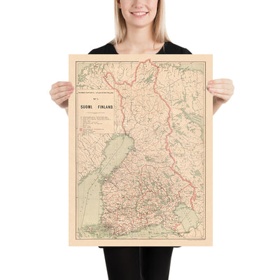 Ancienne carte de la Finlande, 1897 : Helsinki, Tampere, Golfe de Botnie, Chemins de fer, Frontières 
