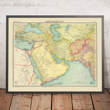 Mapa antiguo de Asia Suroccidental y Oriente Medio de Bartholomew, 1922: mandatos de la Primera Guerra Mundial, rutas marítimas, Hormuz, Suez 