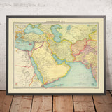 Mapa antiguo de Asia Suroccidental y Oriente Medio de Bartholomew, 1922: mandatos de la Primera Guerra Mundial, rutas marítimas, Hormuz, Suez 