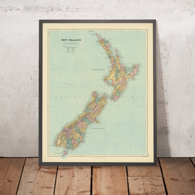 Ancienne carte de la Nouvelle-Zélande par Stanford, 1887 : Auckland, Wellington, Alpes du Sud, Île Stewart, Comtés 