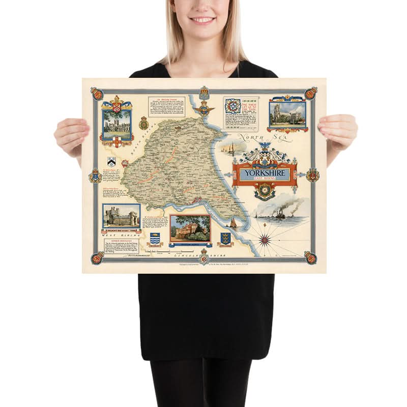 Old Pictorial Map of East Riding of Yorkshire by Clegg, 1946: Hull, Beverley