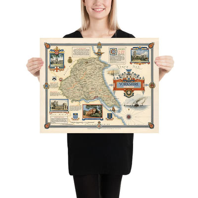 Old Pictorial Map of East Riding of Yorkshire by Clegg, 1946: Hull, Beverley