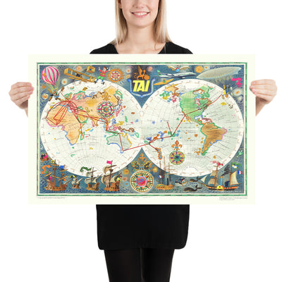 Mapa mundial de rutas de la antigua aerolínea TAI por Bayle, 1957 