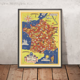 Antiguo mapa pictórico de Francia de Lucien Boucher, 1950: Alpes, Pirineos, agricultura, uvas 