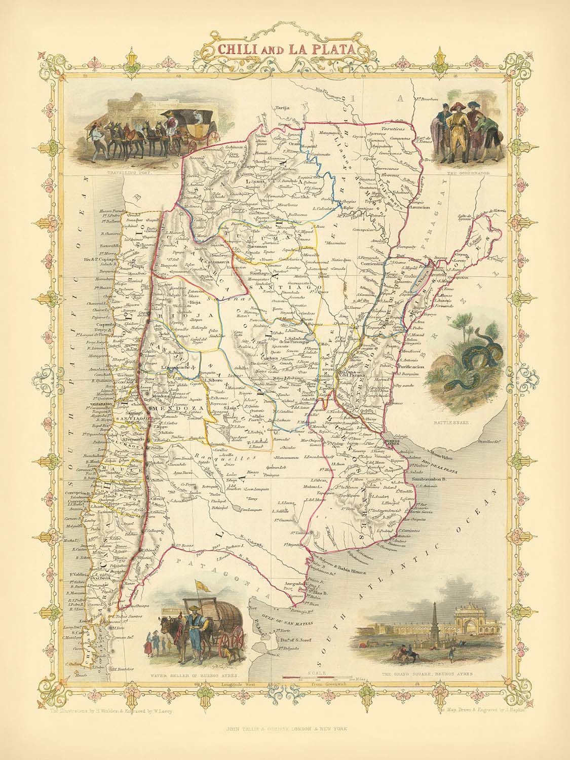 Antigua Mapa de Argentina y Chile por Tallis, 1851: Buenos Aires, Andes, Santiago, Viñetas 