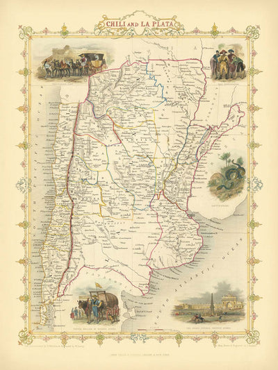 Antigua Mapa de Argentina y Chile por Tallis, 1851: Buenos Aires, Andes, Santiago, Viñetas 