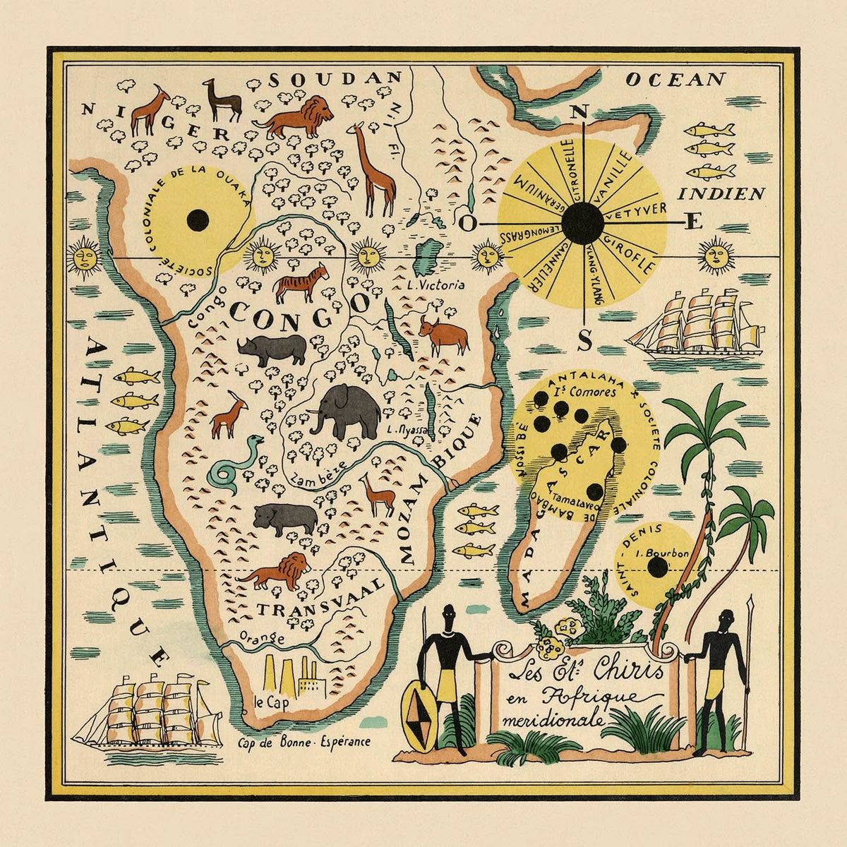 Carte ancienne de l'Afrique du Sud par Mazuyer, 1931 : style pictural, faune indigène, boussole décorative