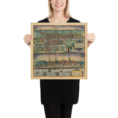 Ancienne carte de Kaliningrad et de Riga par Braun & Hogenberg, 1599 : Églises, Tours, Bateaux, Ports, Tenues 