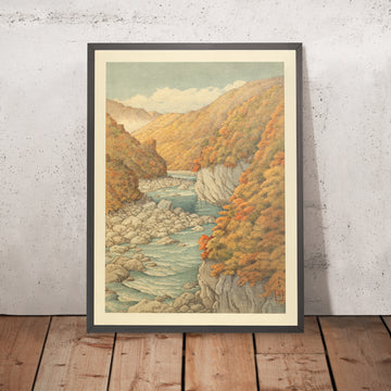 Un’immagine incorniciata di Alberi d’Autunno e Fiume Roccioso di Hasui Kawase, 1935
