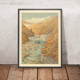 Herbstbäume und felsiger Fluss von Hasui Kawase, 1935 