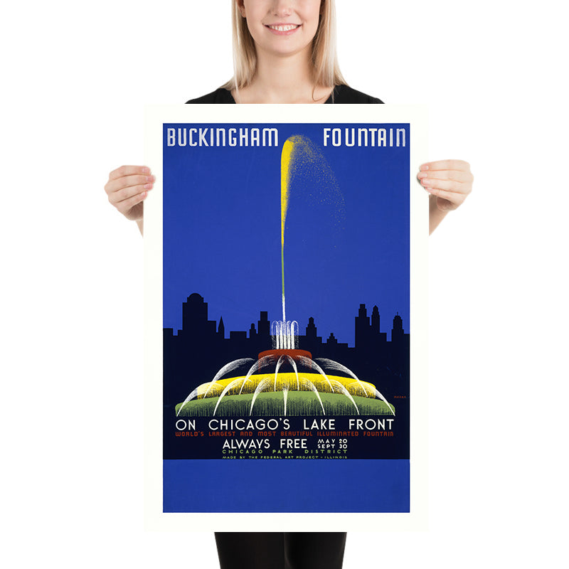 Chicago Travel Poster: Buckingham Fountain by John Buczak, 1939