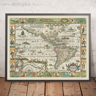 Old Map of America by Walton, 1658: California as Island, Mythical Strait, Carte-à-Figures Style