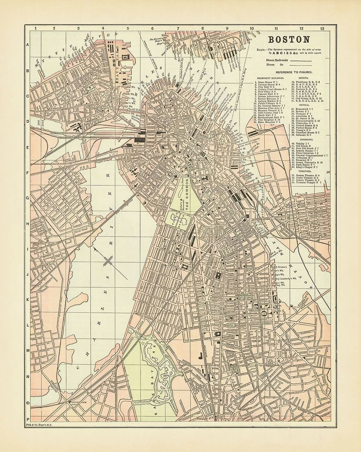 Mapa antiguo de Boston de Fisk & Co., 1893: el Common, el jardín público, los Fens, el río Charles, el parque Franklin
