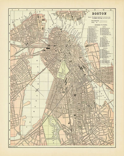 Mapa antiguo de Boston de Fisk & Co., 1893: el Common, el jardín público, los Fens, el río Charles, el parque Franklin