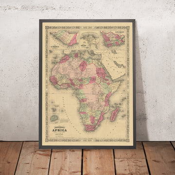 Old Map of Africa by Johnson, 1864: Colonial Borders, Explorer Routes, Cape Town & Liberia Inset