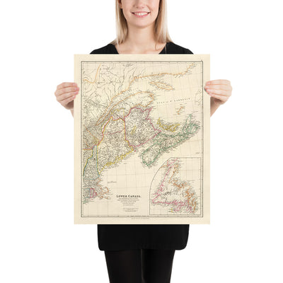 Alte Karte von Unterkanada von Arrowsmith, 1844: Montreal, Québec, Neufundland, New Brunswick, Nova Scotia 
