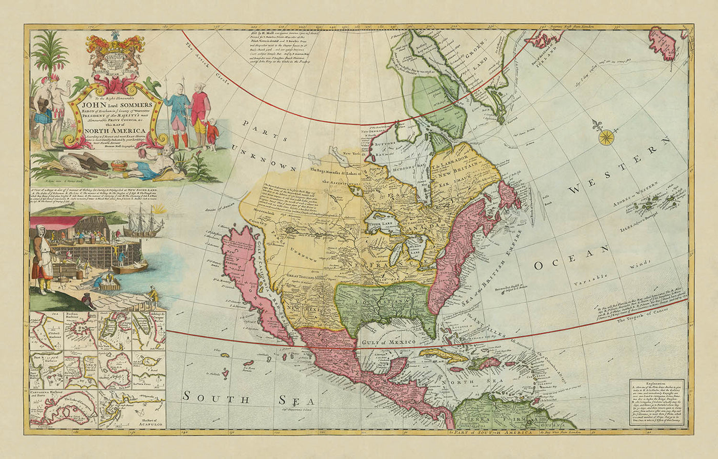Seltene frühe Karte von Nordamerika von Moll, 1733: Kalifornieninsel, Handelsrouten, Häfen 