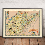 Bildkarte von West Virginia von Ruth Taylor White, 1935: Charleston, Huntington, Kohlenbergbau, Landkreise, Appalachen 