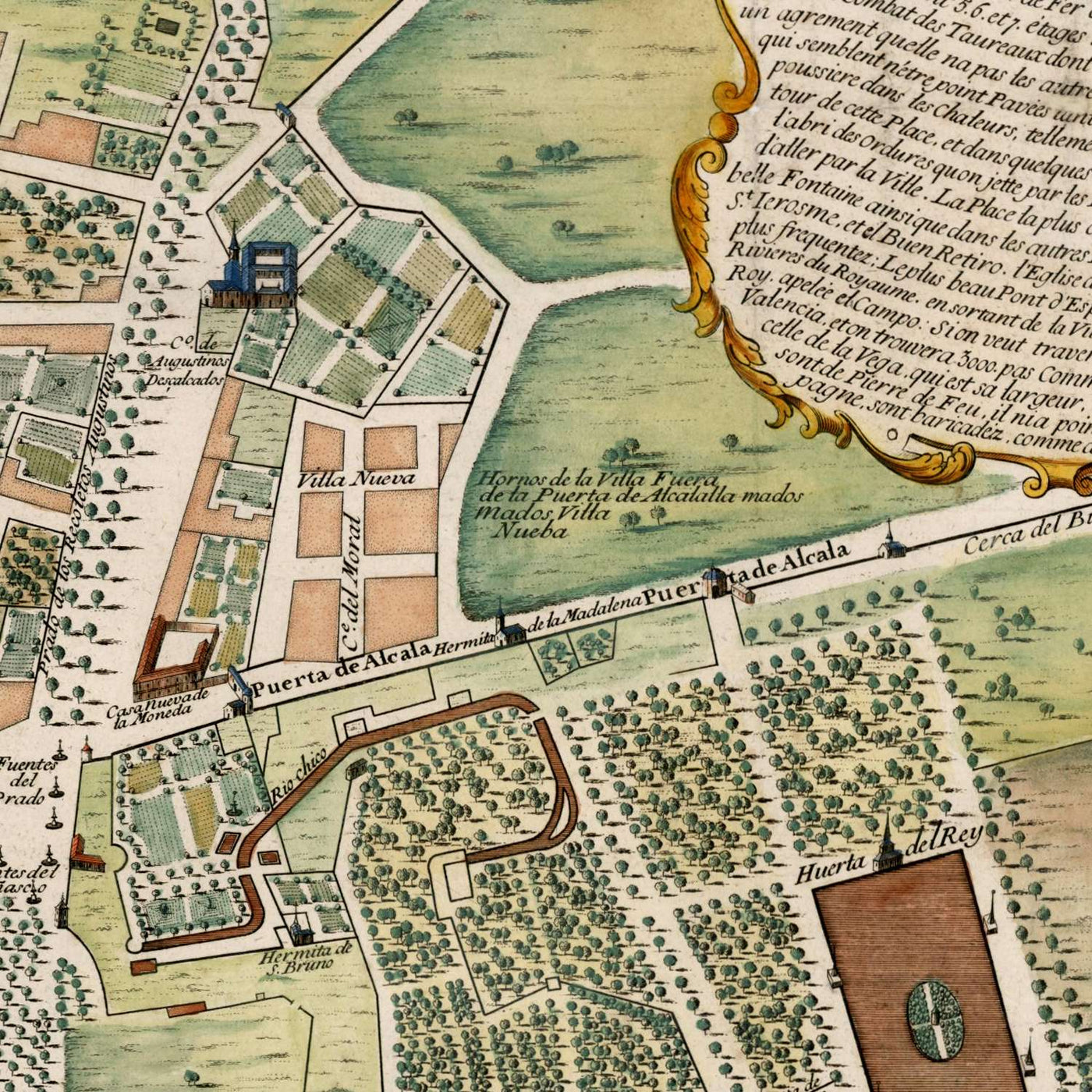 Antigua Mapa de Madrid por de Fer, 1705: Palacio Real, Calle Mayor, Campo Grande, Escudos de Armas, Iglesias 