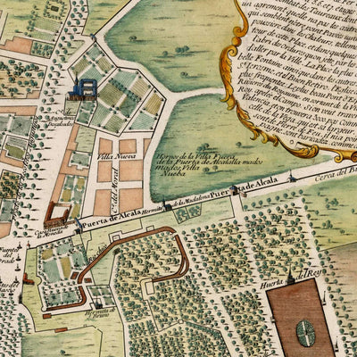 Antigua Mapa de Madrid por de Fer, 1705: Palacio Real, Calle Mayor, Campo Grande, Escudos de Armas, Iglesias 