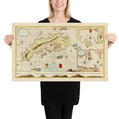 Ancienne carte nautique de St. Thomas dans les Îles Vierges par Van Keulen, 1719 