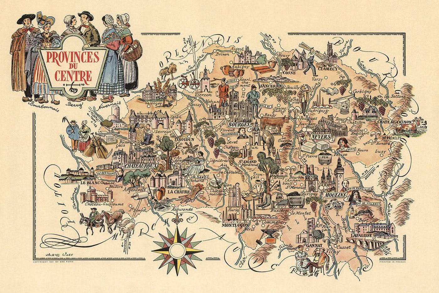 Alte Provinzen der Mitte Piktorialkarte von Liozu, 1951: Orléans, Bourges, Weinberge 